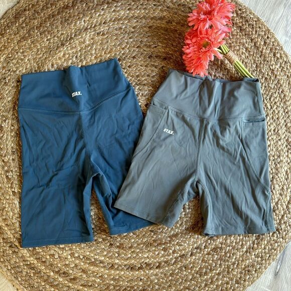 STAX Petrol Blue & Gray Original Length Shorts Workout Yoga Size Small - Picture 1 of 8